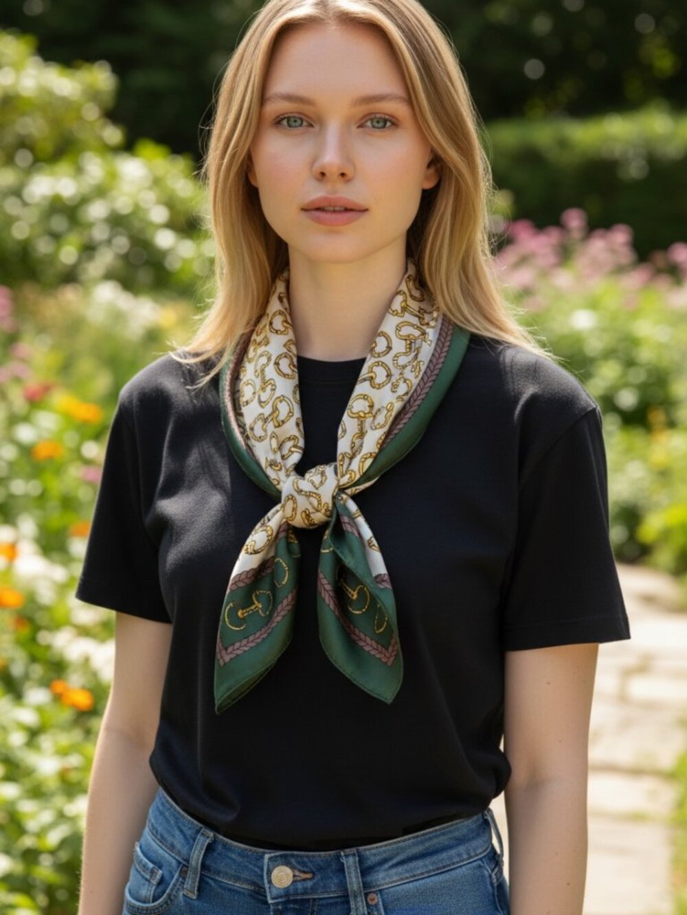 Gold Horseshoe Pattern Scarf On Cream Background  With Green & Rust Border NWT